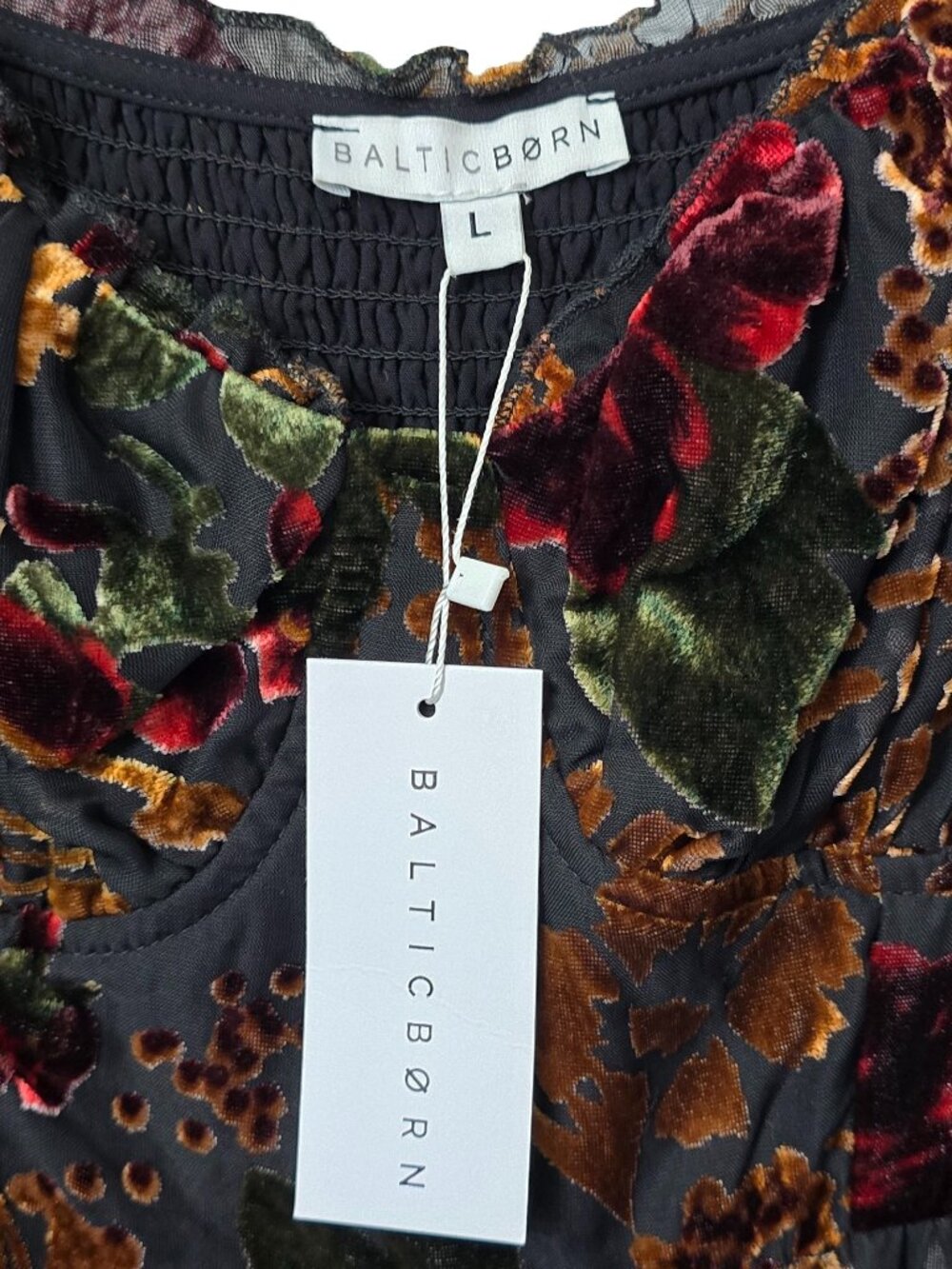 Baltic Born Velvet Burnout Dress L Maxi Puff Sleeve Smocked Black Copper Floral - Picture 12 of 12